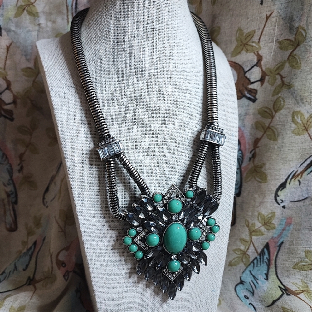 Turquoise Cabochon Statement Necklace Clear Baguette Smoke Navette Stones Pewter